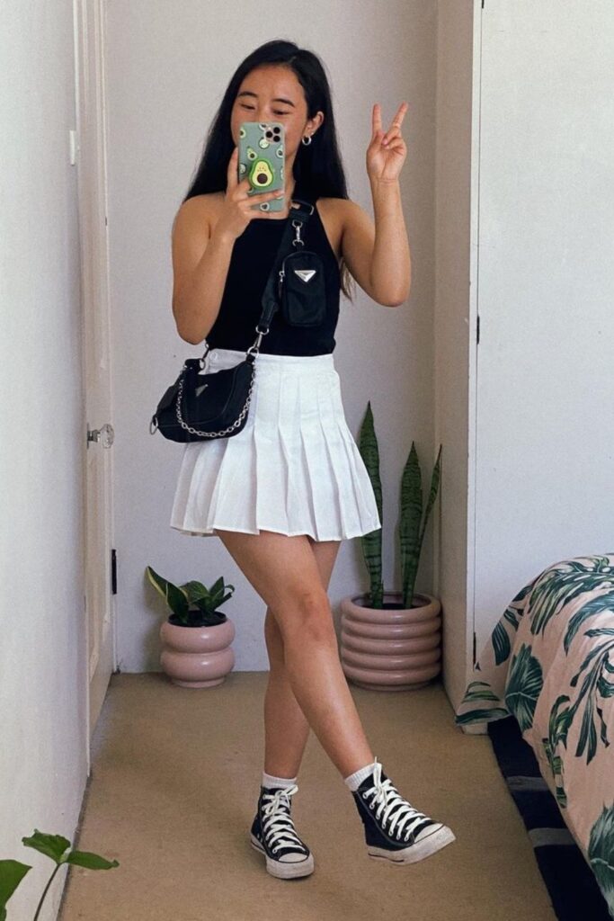 Tennis Skirt outfits: Black Top and White Skirt