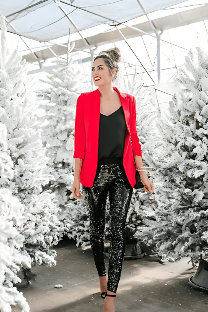 What to Wear in Las Vegas:  Sequin Pants + Satin Top + Red Blazer