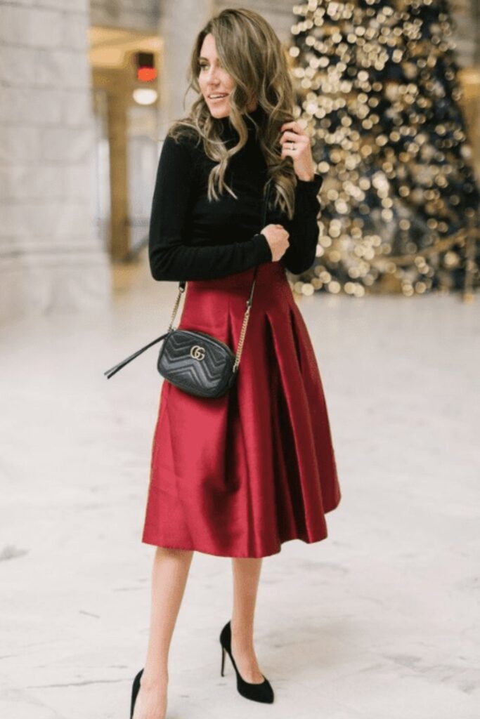 What to Wear in Las Vegas:  Turtleneck + Red Skirt