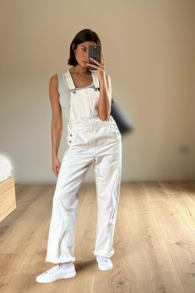 What to Wear to a Bar Dungarees, Tank and Crisp White Sneakers