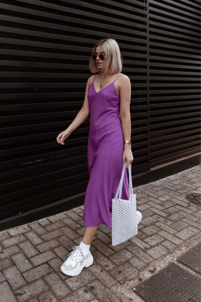 What to Wear to a Bar Slip Dress and Chunky Sneakers