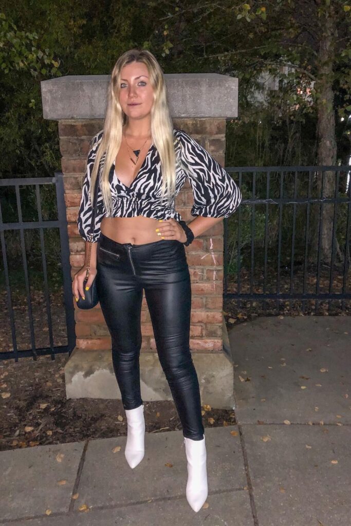 What to Wear to a Bar Animal Print Crop, Leather Pants and White Boots