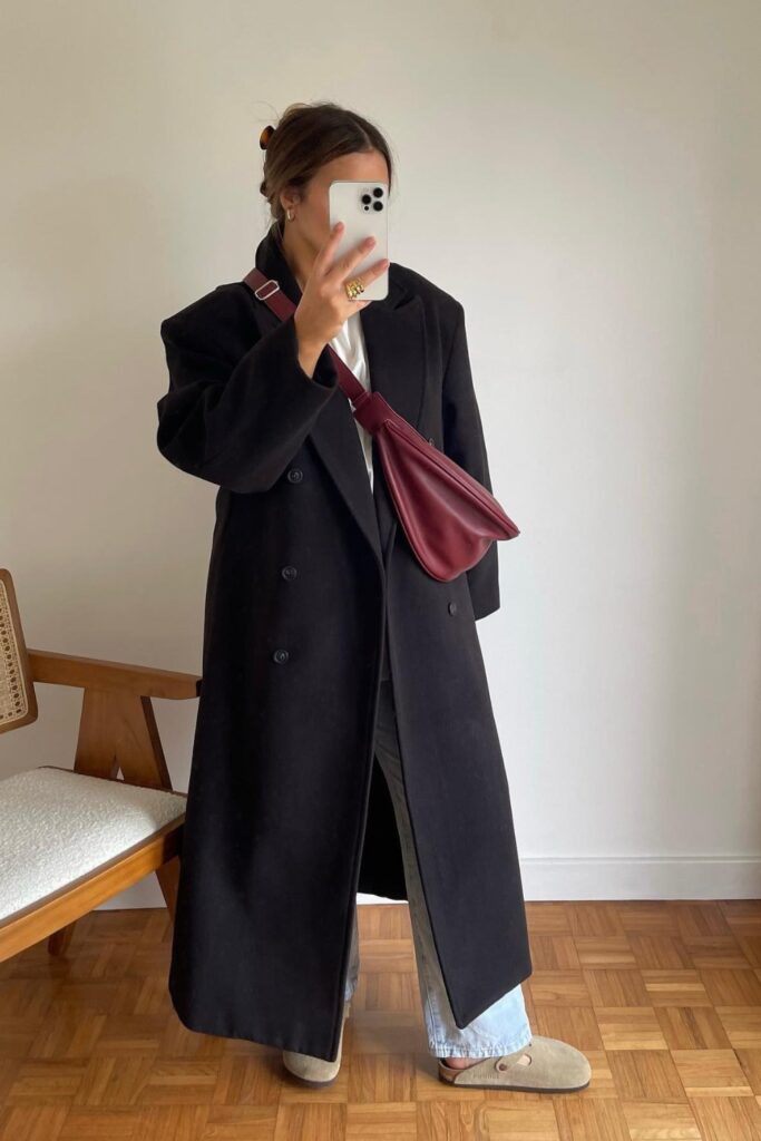 Sophisticated Layers: Long Coat and Wide-Leg Trousers