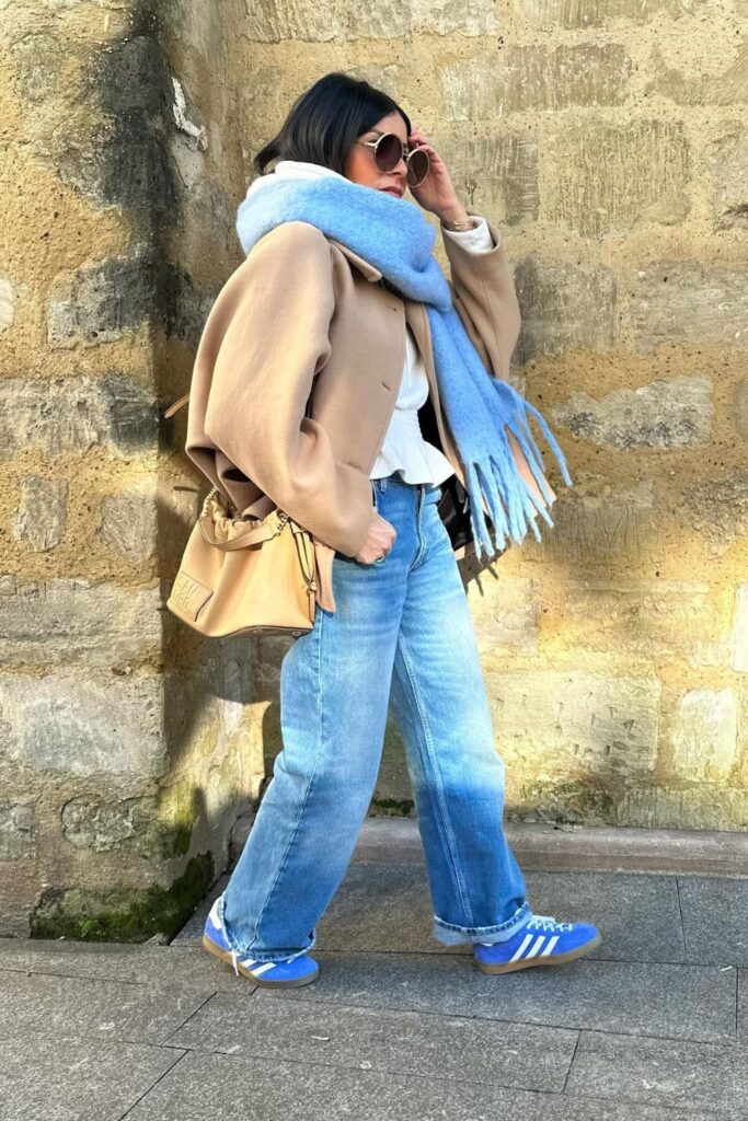 Wool Coat & Chunky Scarf with Baggy Jeans