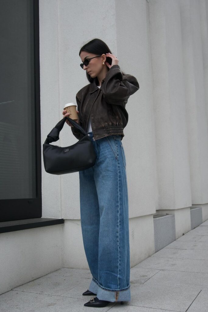 Cropped Leather Jacket with Baggy Jeans