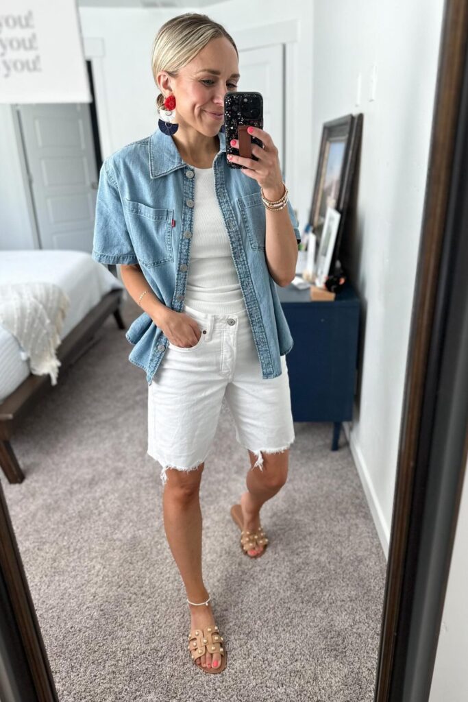 Button-Up Over Tank Tucked into White Shorts 