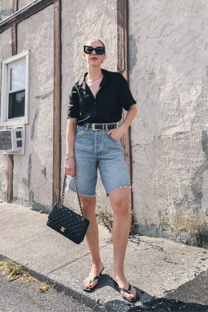 Denim Bermuda Shorts and Black Button-Up