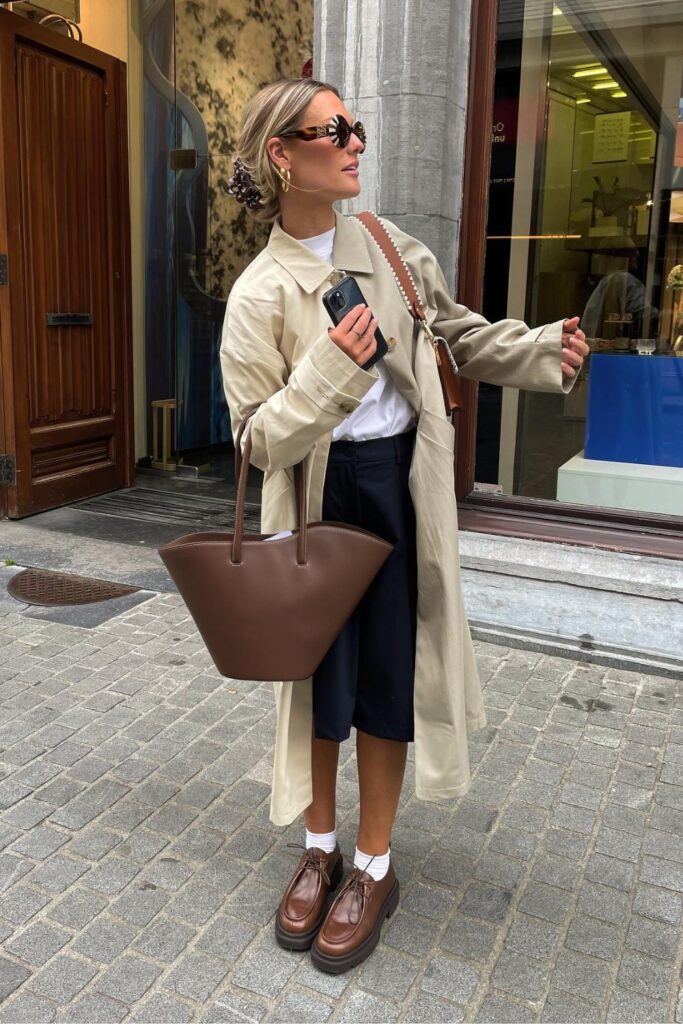 Oversized Trench Coat and Black Shorts