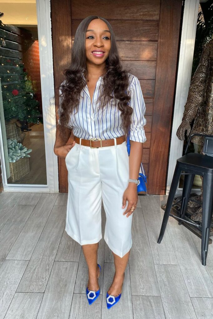 Striped Button-Up and White Bermuda Shorts