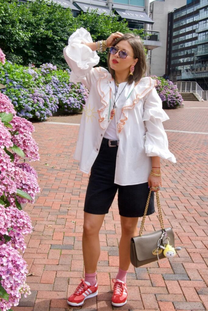 White Oversized Shirt and Black Bermuda Shorts