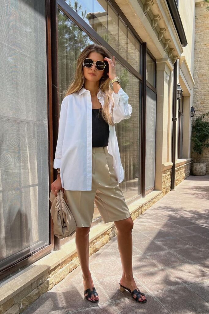 Neutral Button-Down and Cream Shorts