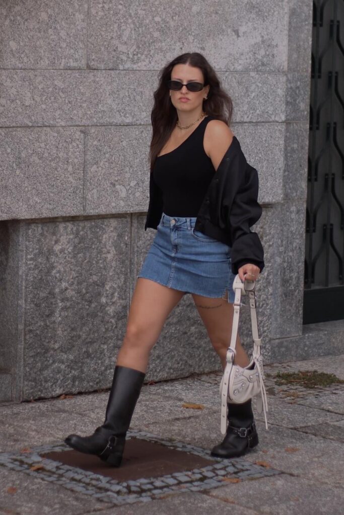 Biker Boots with Denim Miniskirt