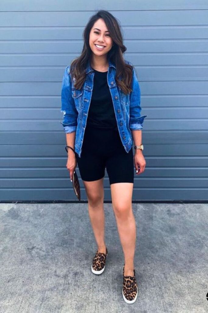 Biker Shorts Outfits: Blue Denim Jacket and Biker Shorts