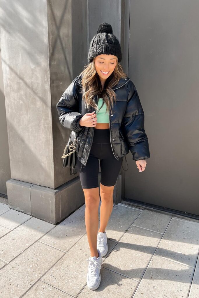 Biker Shorts Outfits: Puffer Jacket and Biker Shorts