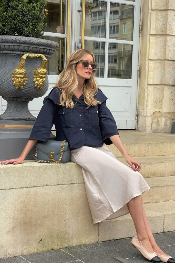 Black Shirt with a White Midi Skirt