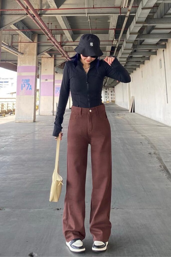 Black Zip-Up Shirt with Brown Wide-Leg Pants