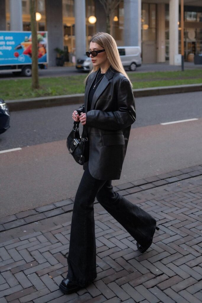 Black Leather Blazer & Flare Pants with a Black Shirt