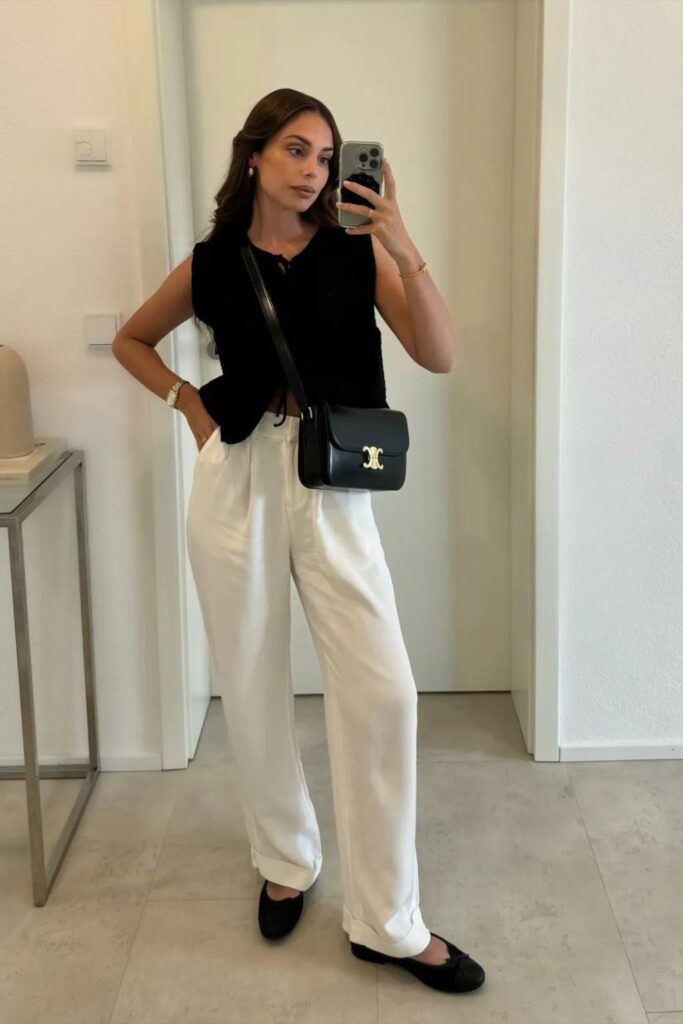 Black Vest Top with White Wide-Leg Trousers