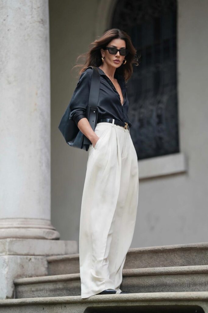 Satin Black Shirt with High-Waisted White Pants