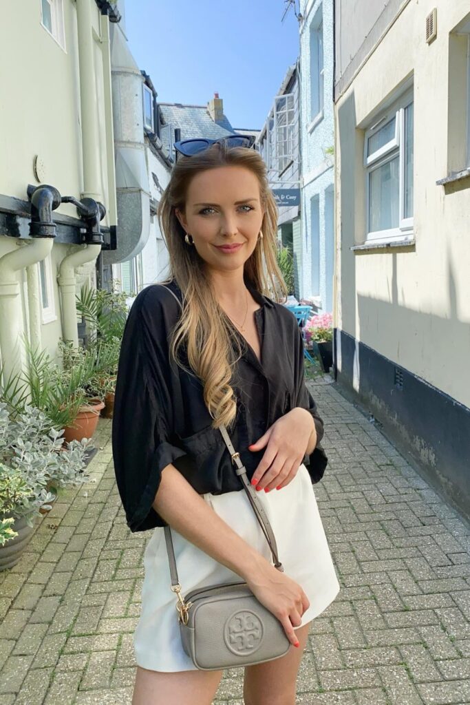 Black Blouse with White Mini Skirt