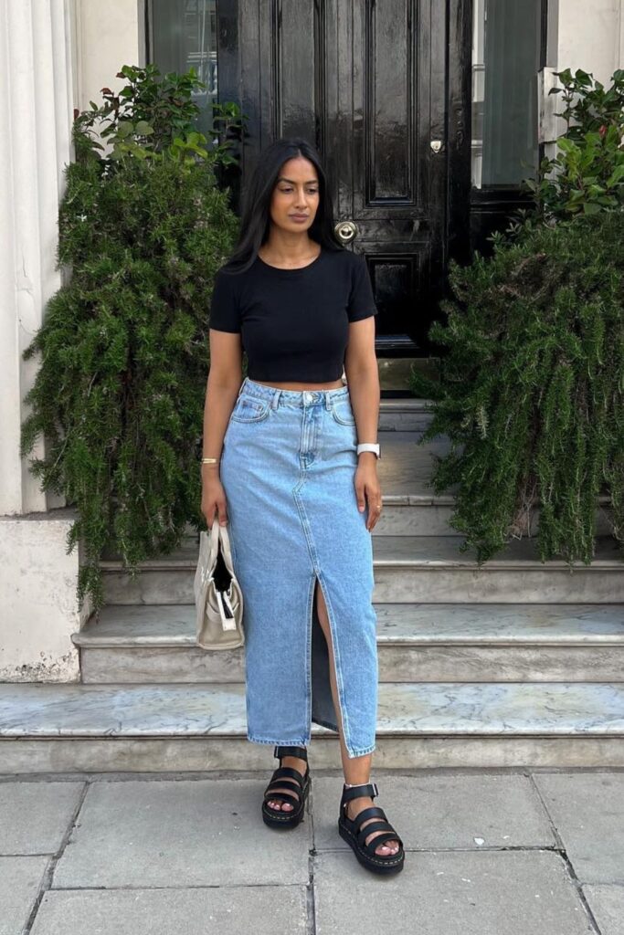 Cropped Tee with Denim Maxi Skirt