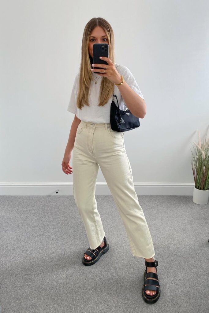 White Oversized Tee with Cream Jeans