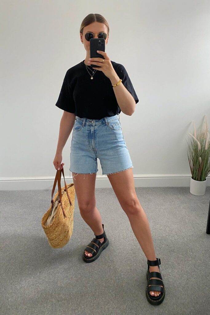 Black T-Shirt with Denim Shorts