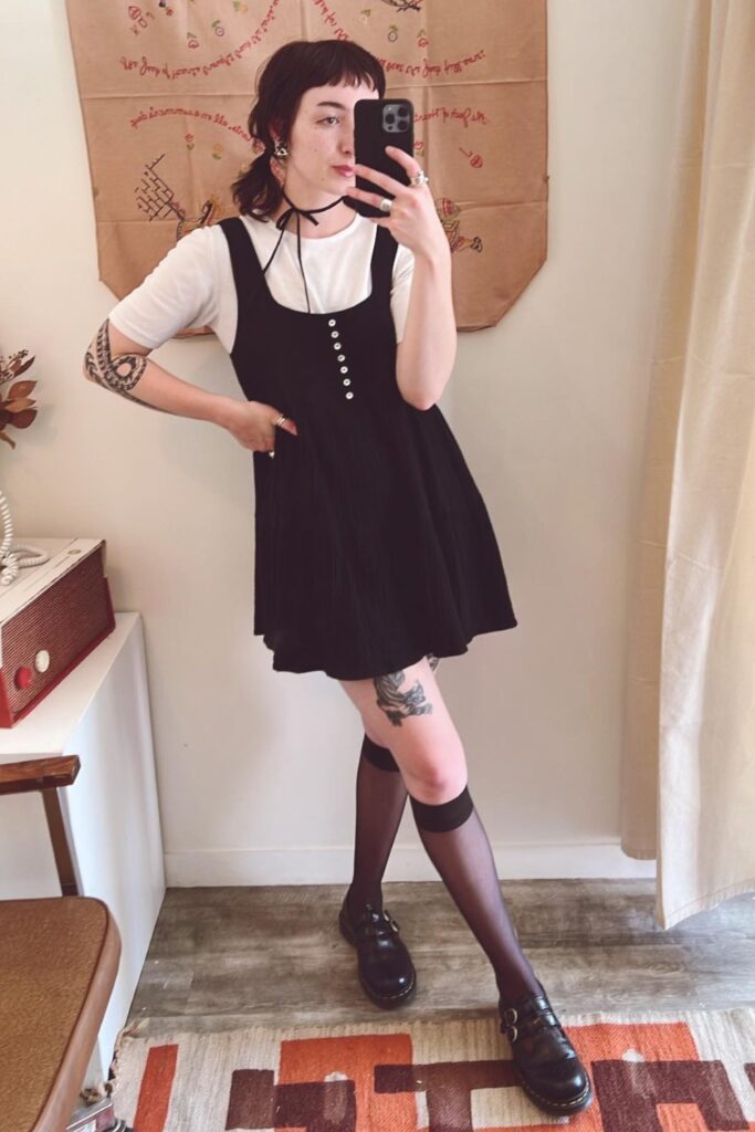 Black Pinafore Dress and Sheer Socks