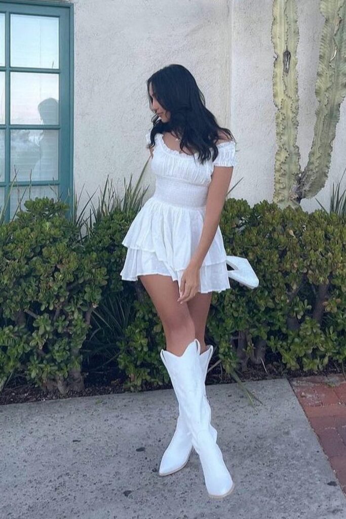 Off-Shoulder Mini with Tall White Cowboy Boots