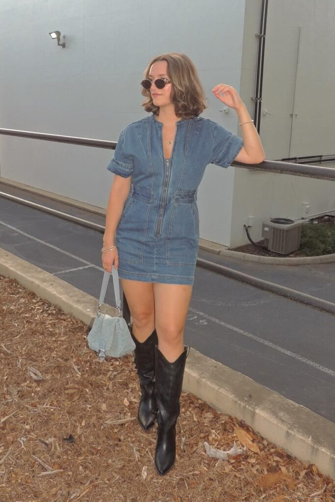 Denim Mini Dress with Black Cowboy Boots