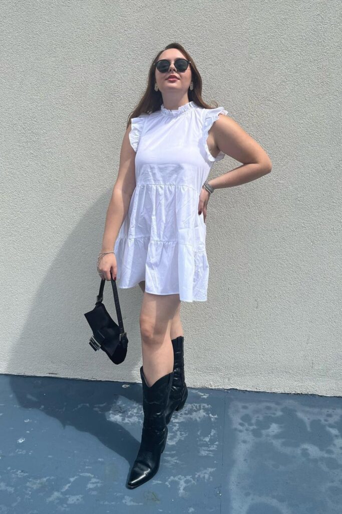 White Tiered Mini Dress with Black Cowboy Boots