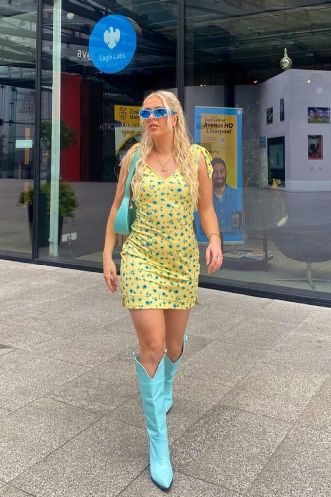 Yellow Floral Mini with Turquoise Cowboy Boots