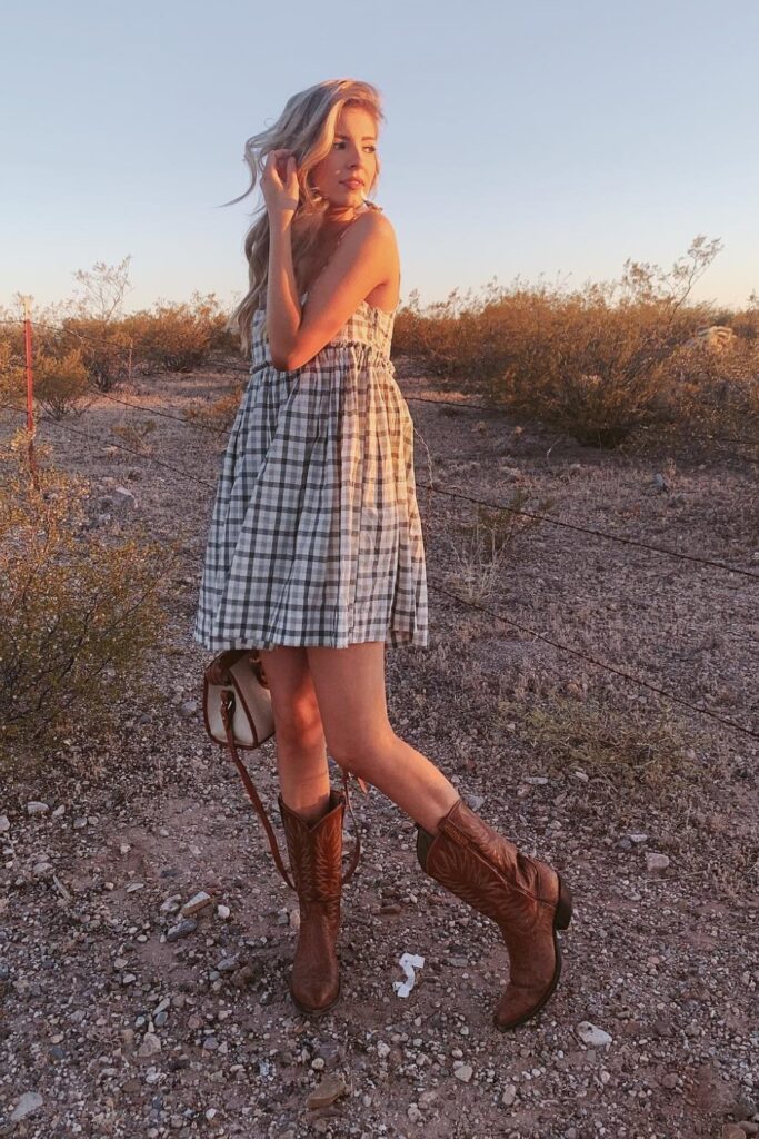 Checked Sundress with Brown Cowboy Boots