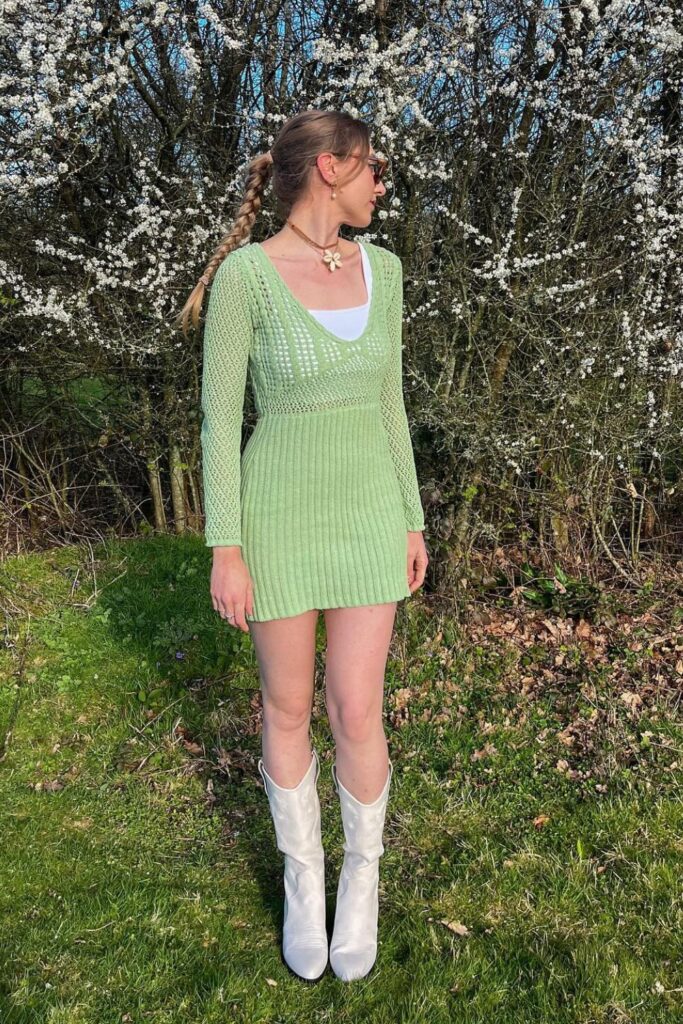 Light Green Mini Dress with White Knee-High Boots