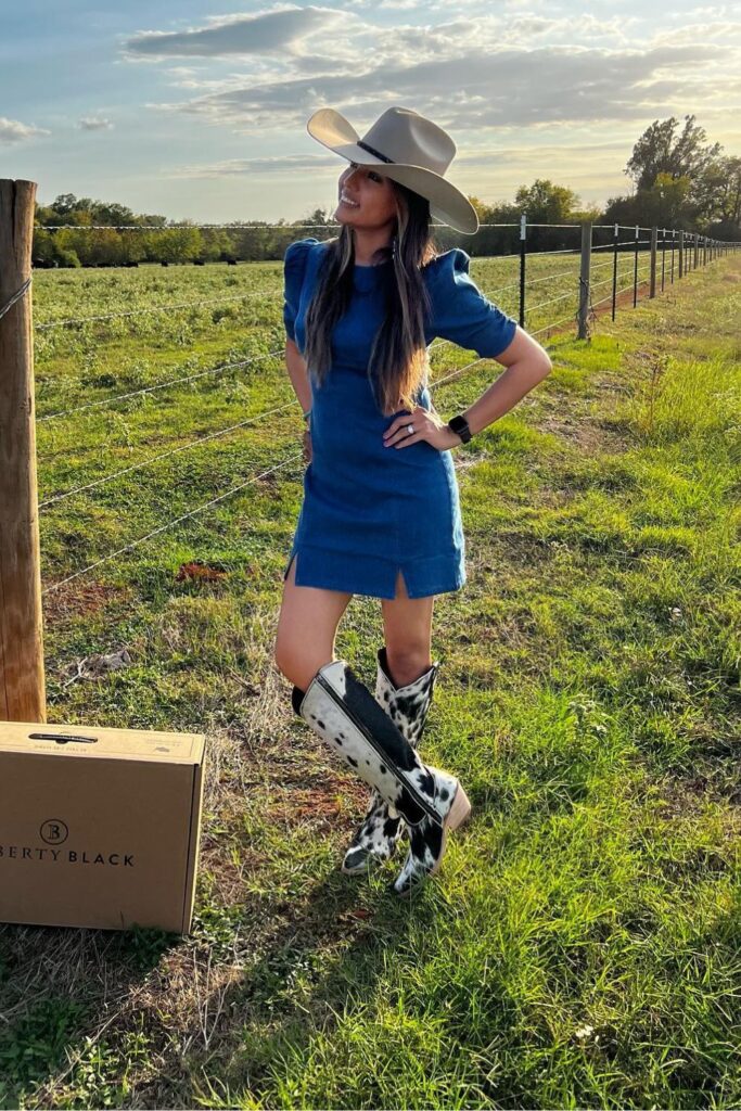 Blue Mini Dress with Cow-Print Boots