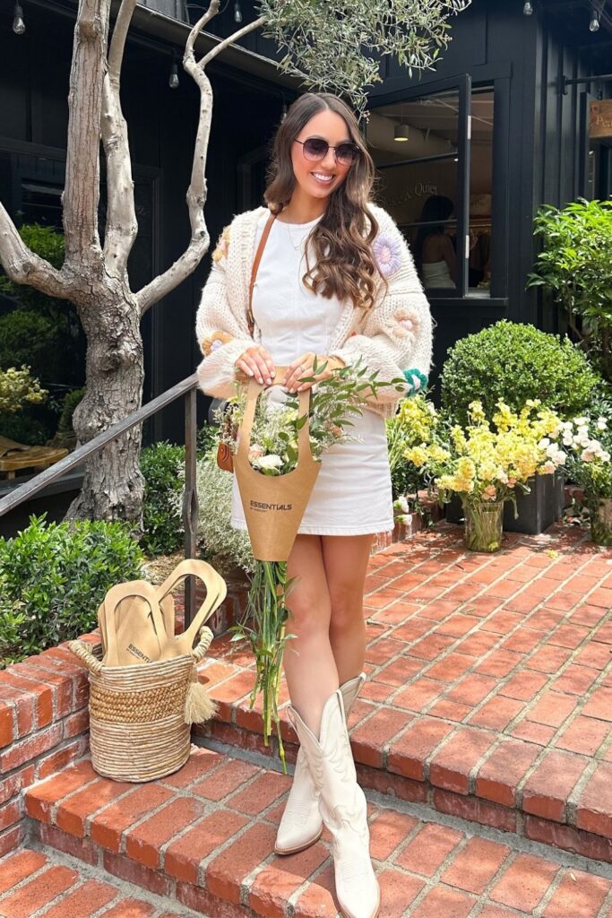 Short White Dress with Embroidered Cardigan and White Cowboy Boots