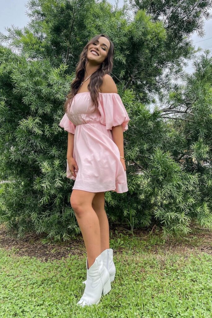 Off-Shoulder Mini Dress with White Cowboy Boots