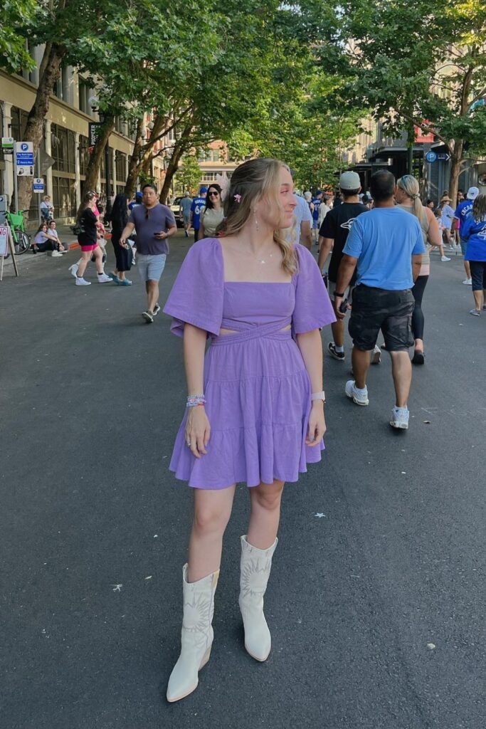 Vibrant Mini Dress with White Cowboy Boots