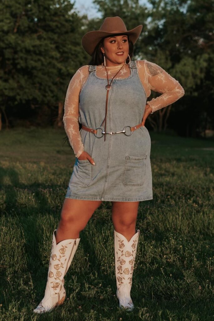 Overall Dress with Sheer Top and White Cowboy Boots