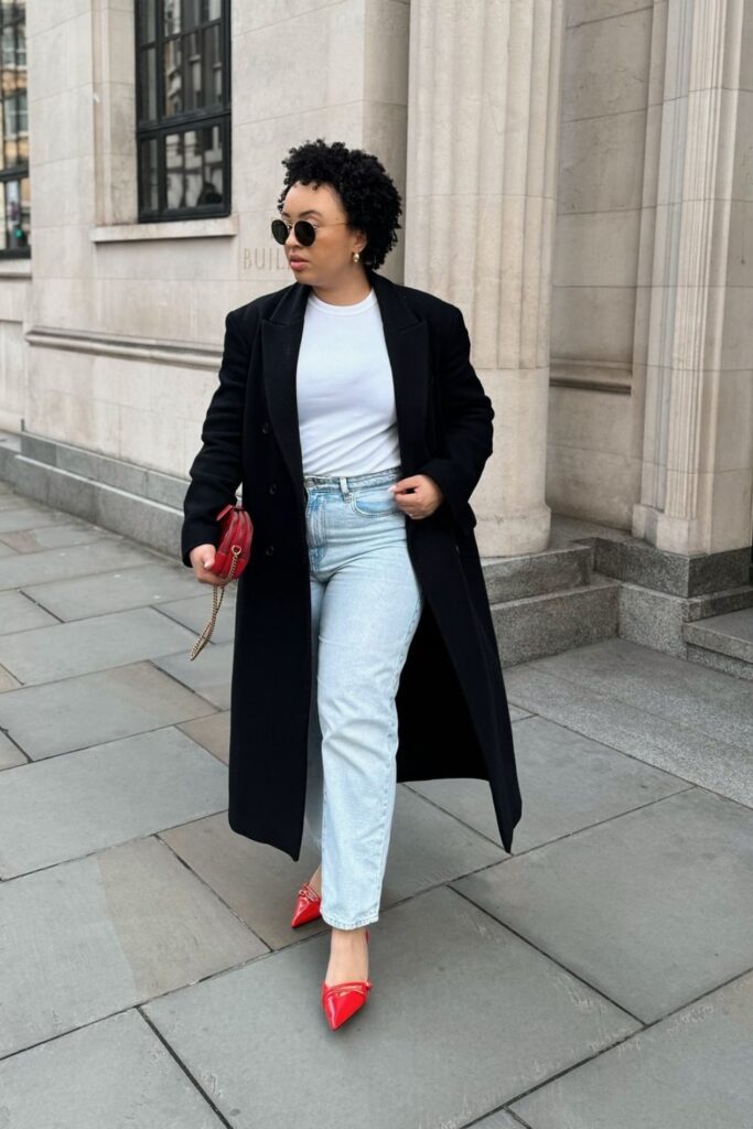 Jeans and Heels Outfit: Black Long Coat, Jeans & Red Heels