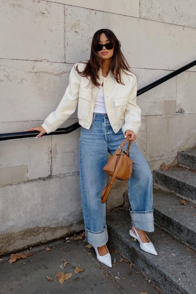 Jeans and Heels Outfit: White Cropped Blazer, Jeans & White Heels