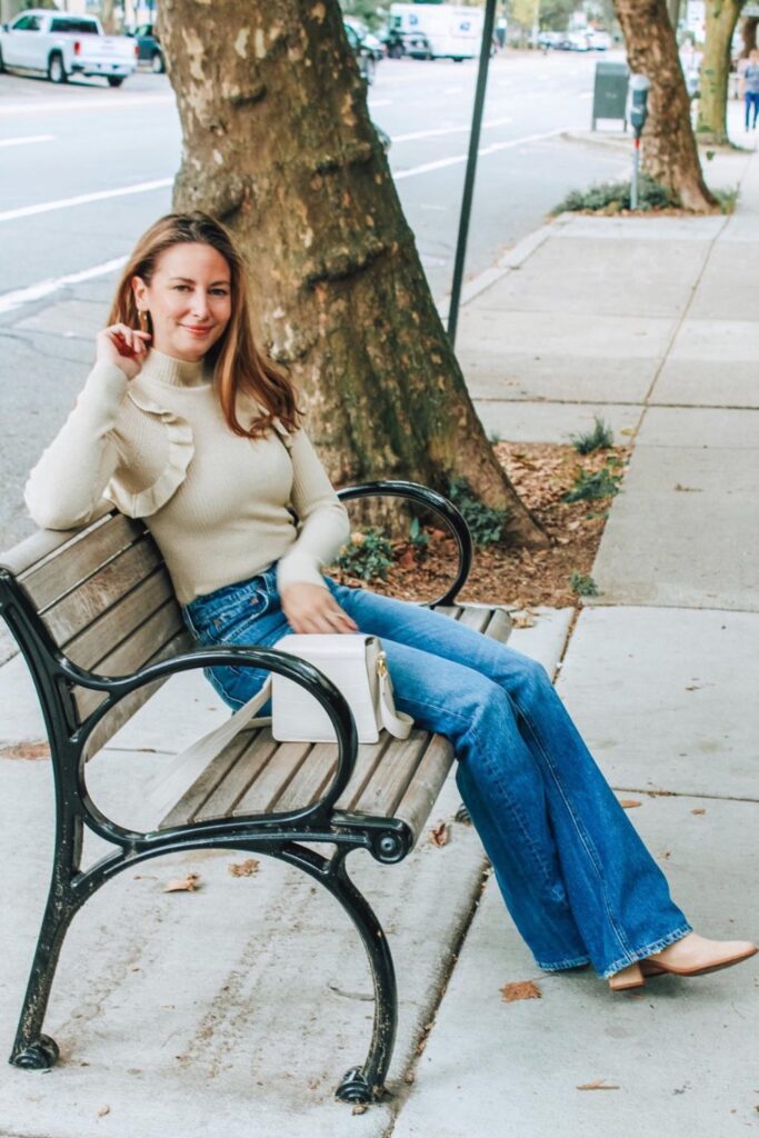 Jeans and Heels Outfit: Sweater, Jeans & Nude Boots