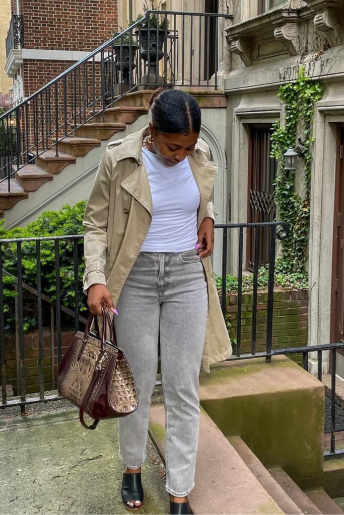 Jeans and Heels Outfit: Trench Coat, Jeans & Black Boots