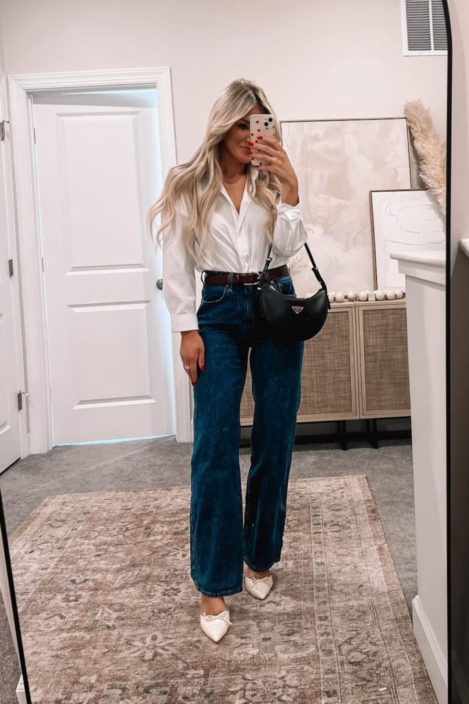 Jeans and Heels Outfit: White Button-Up Shirt, Jeans, and White Heels