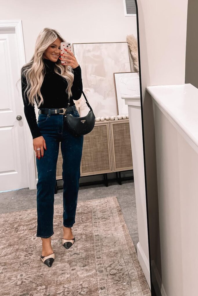 Jeans and Heels Outfit: Black Long-Sleeve Shirt, Jeans, & Pointed Heels