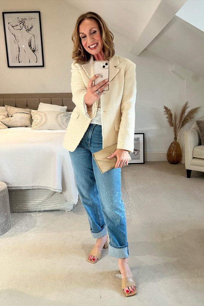 Jeans and Heels Outfit: Teddy Blazer, Jeans & Mules