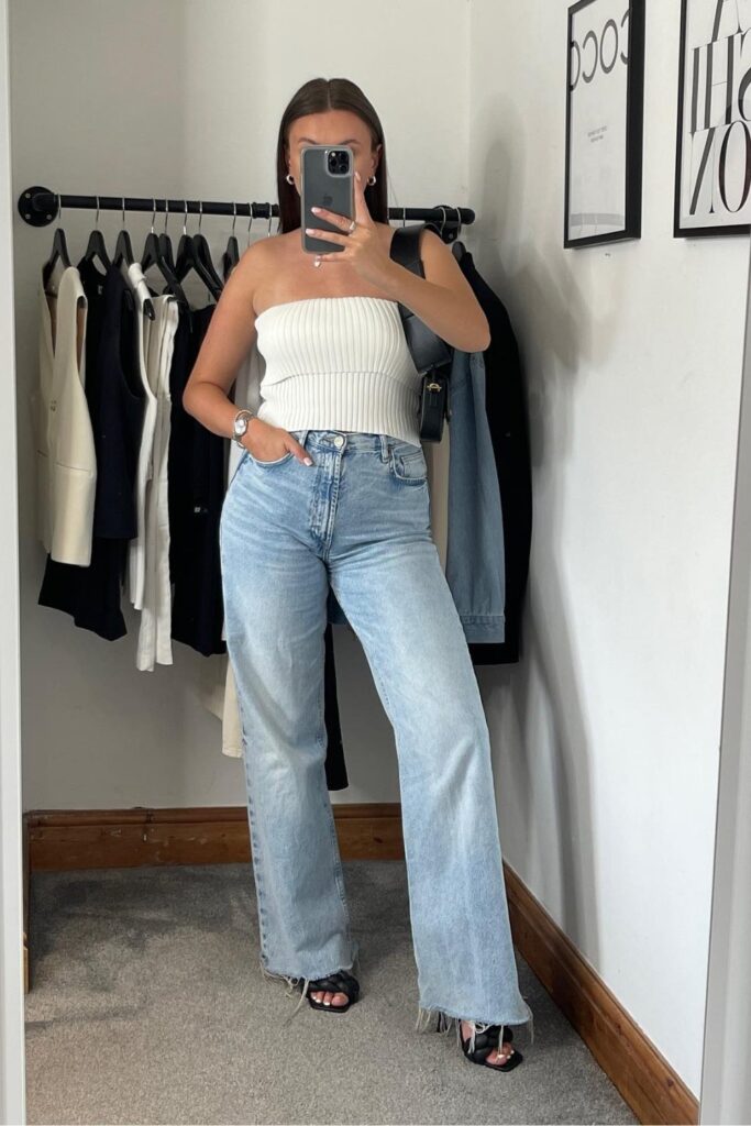 Jeans and Heels Outfit: White Tube Top, Jeans & Black Heels