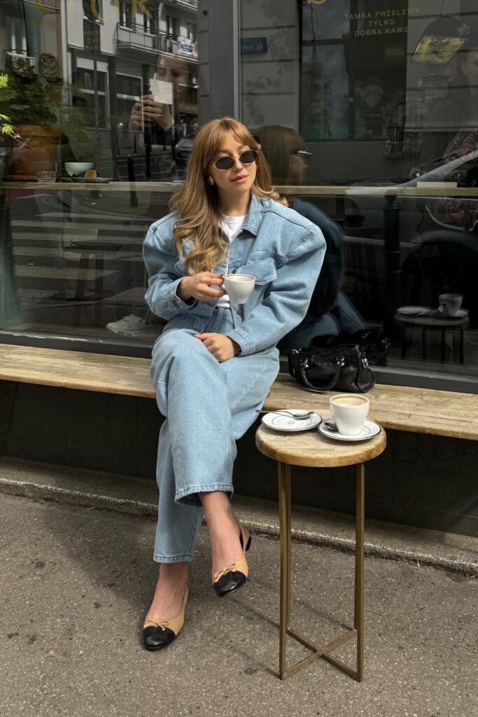 Jeans and Heels Outfit: Light Blue Denim Jacket, Jeans, & Black Heels