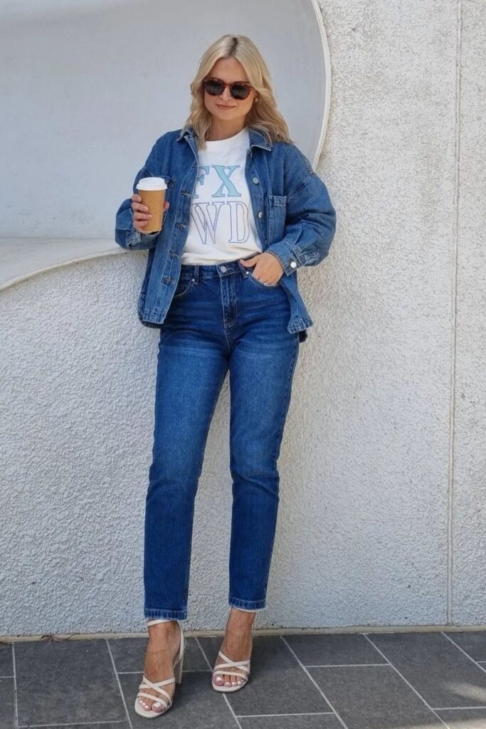 Jeans and Heels Outfit: Dark Denim Jacket, Jeans & Heels