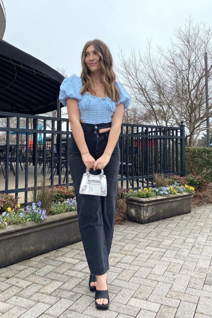 Jeans and Heels Outfit: Puffy Top, Jeans & Wedges